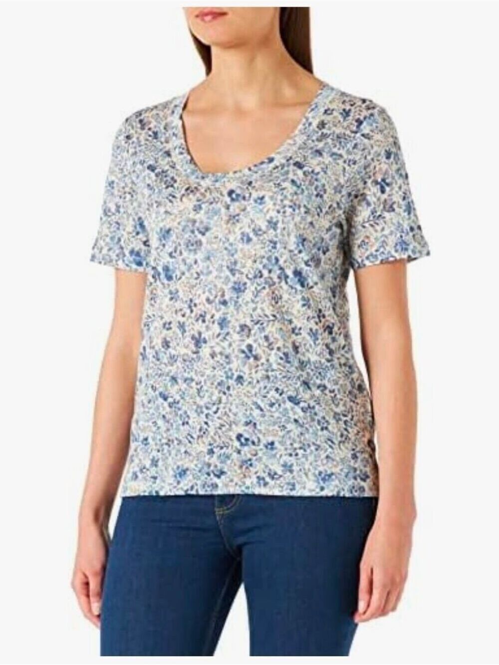 Part Two Floral Scoop Neck Linen Summer Tee - Blue & Cream